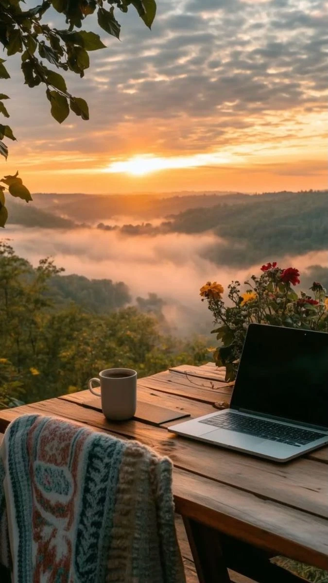 Mesa de trabalho com computador diante da paisagem.
